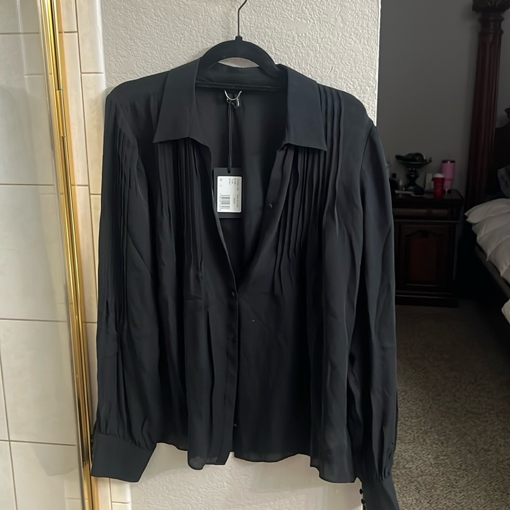 New Paige Shea Ruffle 💯 Silk Blouse/Black LG-NWT-$328 rtl